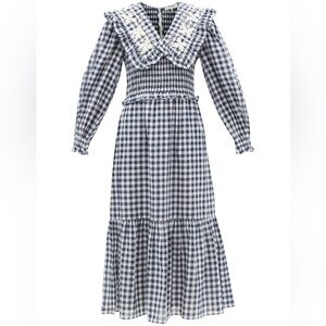 SEA NY Embroidered Bib Collar Dress in Navy Gingham